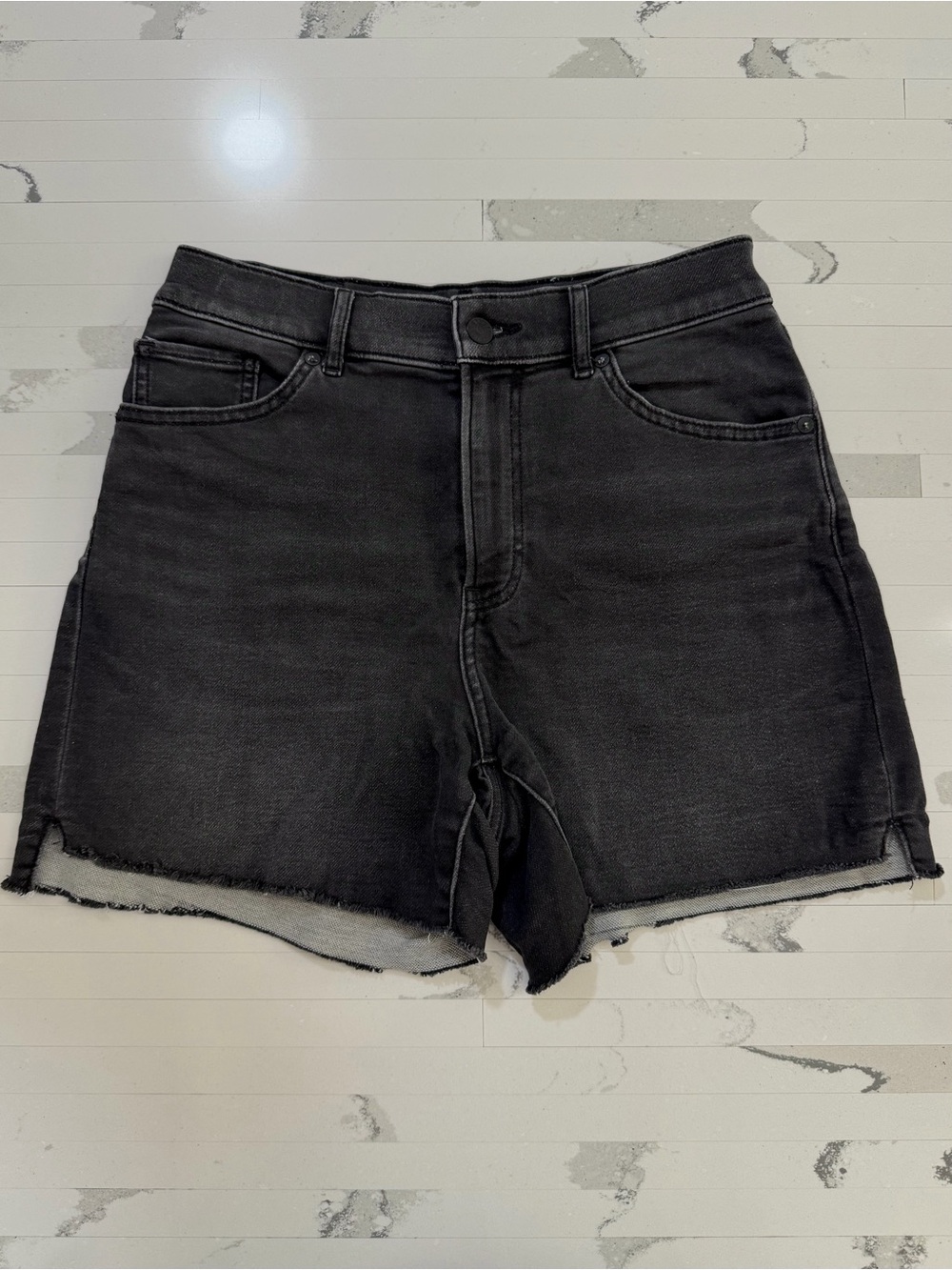 Express Midi High Rise Black Denim Cutoff Shorts